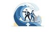 © FarzanaAkter - Determined businessman and businesswoman surfing a giant blue ocean wave together representing market success and teamwork.