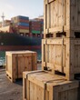 © stockimgahnaf - Wooden shipping crates on a harbor dock with a massive cargo ship in the golden light