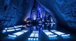 © fajar - Glowing blue lights floating on dark water inside a vast limestone cavern with rock formations
