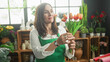 © Krakenimages.com - Woman florist wearing green apron in a building holds and arranges a bouquet of tulips and smiles; gentle care calm.