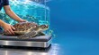 © sknab - Careful handling of sea turtle by person near large aquarium with clear blue water background