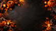 © Mila - Dark Halloween flat lay background framed with pumpkins, autumn leaves, candles and delicate spider webs with large central copy space