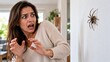 © Micevic family - Terrified woman reacting in panic and fear facing a large spider on a white wall at home