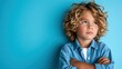© Larisa AI - A contemplative child with curly hair and crossed arms stands thoughtfully in front of a vibrant blue backdrop, reflecting a moment of quiet introspection and imagination.