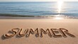 © The Little Hut - Summer word written in sand on a sunny beach with ocean waves and golden sunlight reflection