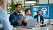 © Anastasiia Havelia - Group of IT engineers in meeting room discussing cloud migration plan on projector screen, modern office, with copy space