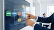 © Lincong - Business professional manager pointing at interactive touchscreen displaying project management workflow chart with initiation, planning, development and testing stages in modern