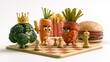 © Anat art - Cartoon food characters engage in a chess game with vegetables leading the way. Broccoli, carrot, and processed foods show concentration.