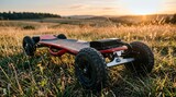Off-road electric skateboard on grass field at sunset, motorized longboard with all-terrain wheels, extreme sports gear in nature