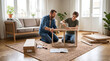 © Fiverr/fazilazia703 - Father and teenage son assembling modular wooden bookcase furniture together on floor in bright modern living room using hand screwdriver with instruction manual on weekend afternoon