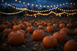 © Muhammad - Pumpkin patch at dusk with ripe orange pumpkins and glowing string lights bokeh shining under a dark blue Halloween evening sky