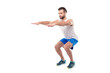 © deagreez - Full-length, half turned portrait of active, sporty, attractive person making, doing squats with straight arms, hands forward, isolated on white background