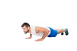 © deagreez - Side view full body portrait of concentrated, confident, sporty, athletic, attractive, professional, successful man making, showing push up position, isolated on white background