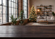 © MstSayla - Empty dark wooden table top with blurred festive Christmas living room interior background