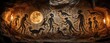 © Viktor - Ancient cave art shows mysterious alien figures, prehistoric creatures on stone wall. Dark rock painting features humanoid extraterrestrials with large heads near full moon. Primitive petroglyphs,