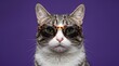 © Noor - Tabby cat portrait photo. Smart feline wearing round tortoiseshell glasses. Front view of a domestic animal looking directly at camera. Solid purple background. Quirky pet photography project