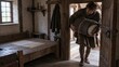 © ArtStockVault - Peasant Man Carrying Rolled Bedding Through a Doorway in a Medieval Room