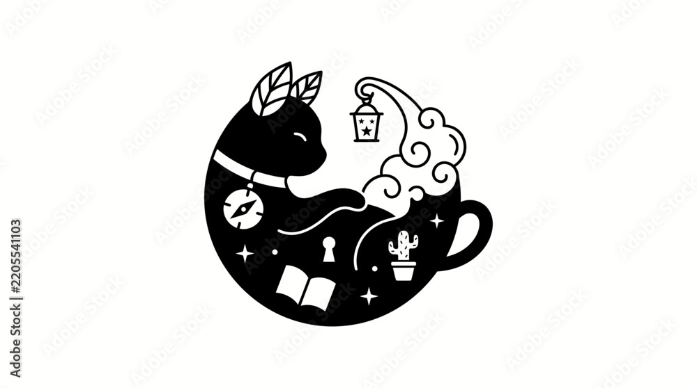 Sleeping cat illustration inside a coffee cup with mystical elements ...