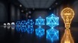 © Sincere Studio - Progression of glowing blue geometric shapes increasing in size representing business growth and technological evolution
