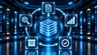 © M@rketVisualsStudio - Futuristic database management workflow featuring circular synchronization arrows connecting business analytics and information nodes