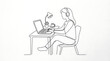 © melty - Woman working on laptop at desk with headphones and plants in minimalist style