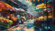 © zohaib - Marketplace street scene showing vendors selling fresh produce under colorful umbrellas in a vibrant traditional outdoor bazaar with shoppers walking along the narrow pathway.