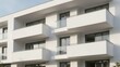 © Dono - Modern white apartment building exterior showing multiple balconies with glass railings and large windows under bright natural sunlight in a contemporary residential complex