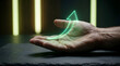 © Ai Guy - Glowing green upward arrow hologram hovering above an open human hand representing financial growth progress and business success strategy during a dark futuristic digital presentation