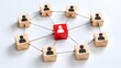 © Dra - Business networking concept wooden blocks connected human icons, central red leader block symbolizing team management leadership