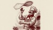 © Nata - Chef tossing pizza dough in a vintage engraved style illustration, featuring a brick oven background and classic kitchen elements.