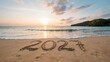 © Visual Forge - Tropical 2027 new year beach landscape, handwritten 2027 text on sandy shore at golden sunset, scenic tropical beach ocean sunrise background for travel background