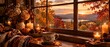 © ColorWaveStudio - Cozy autumn morning view with a warm cup of coffee and candles by the window