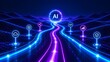 © DINA - Digital road leading to glowing AI sphere with technology icons representing cloud database code analytics and security in a futuristic landscape