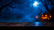 © Pankaj Kumar - Dark Spooky Wooden Table With Glowing Carved Halloween Jack O Lantern And Full Moon Forest Background