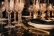 © AdPremium - Luxury festive dinner table setting with crystal champagne flutes, golden cutlery, and plates on black marble background