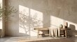 © Odien_NaBa - Minimalist interior living room background with wooden bench, ceramic vases, olive tree shadow, and sunlight on textured beige wall