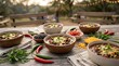 © Xevora - Bowls of delicious chili con carne with beans and fresh chili peppers on a rustic wooden table.chili cookoff