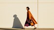 © Nart - A fashionable East Asian woman in a rust trench coat strides by a minimalist cream wall. Bold autumn sunlight and shadow create a striking, cinematic urban scene.