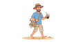 © Ednardo - Man on Beach with Drink: A man in a straw hat, sunglasses, and casual attire walks barefoot on a sandy beach, holding a refreshing iced drink. A satchel hangs from his shoulder.