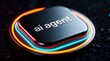 © Pete - Futuristic ai agent button with neon glowing rings on dark metallic surface. Digital artificial intelligence concept features blue, orange light on tech hardware. Smart virtual assistant automation