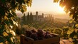© rabbit75_fot - a vineyard at sunset. The sun casts a warm, golden hue over the scene. A wooden crate filled with deep red grapes sits in the foreground, surrounded by lush green grapevines.