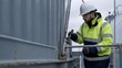 © gn8 - Cargo container lashing inspection - a marine surveyor examining turnbuckle corrosion