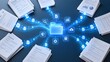 © Hamzah - Centralized digital folder icon connecting scattered physical paper stacks through glowing data network lines