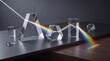 © SebuahKisah - High quality 3D render of a white light beam refracting through multiple crystal glass prisms on a dark reflective surface, dispersing into a vibrant rainbow color spectrum, physics optics experiment.