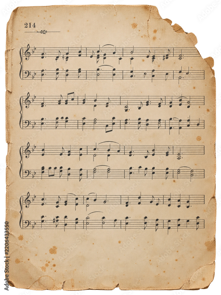 Treble Clef Note Page Vintage antique sheet music page, aged worn paper background with ...
