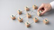 © Asad - Human resources and team structure concept photo. Businessman hand organizing wooden cubes with person icons connected by lines. Corporate management, networking, and talent acquisition.