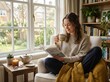 © Lynda Ara - Young woman relaxing reading a book and drinking tea by the window.