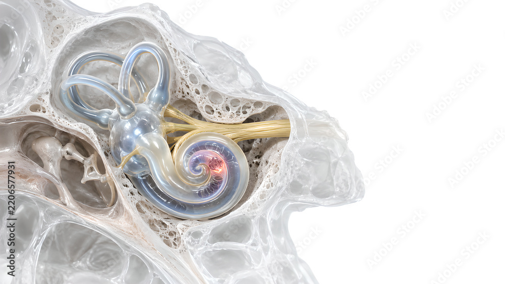 Inner ear tinnitus with focal cochlear hair cell damage, photorealistic ...