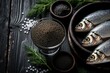 © miss irine - Luxury black sturgeon caviar in glass bowl on dark wooden table. Fresh whole fish in rustic bowl with dill, sea salt. Gourmet seafood delicacy for fine dining, celebration expensive appetizer menu.