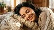 © FarhanaAyu - Young woman peacefully sleeping on a cozy knitted blanket, smiling in a warm, sunlit room.